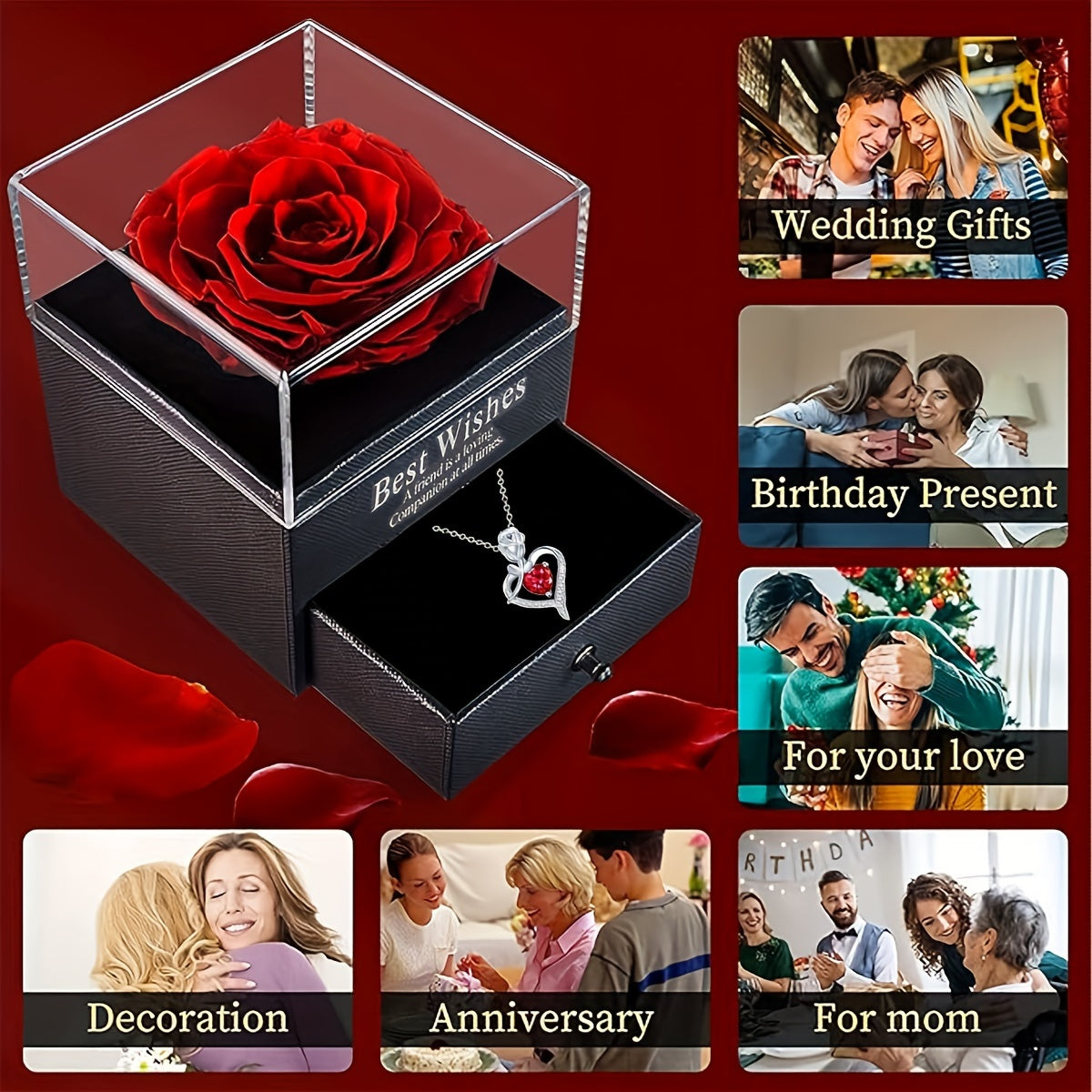 Rose Heart Pendant Necklace - I Love You Jewelry Gift