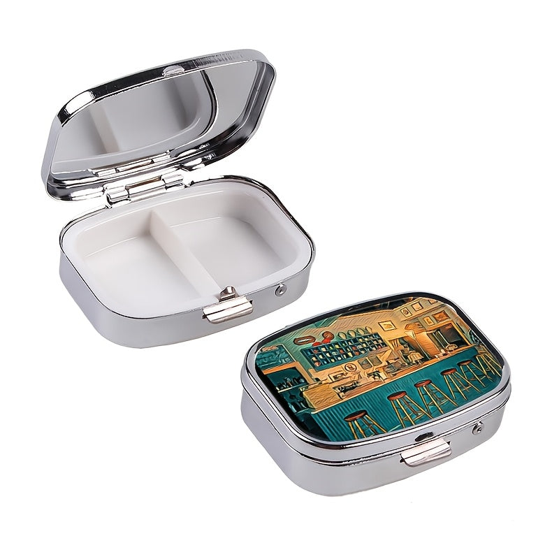 Retro Diner Metal Pill Box 2 Compartment Medicine Organizer