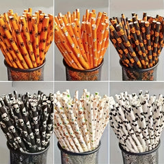Halloween Paper Straws 50 Pack Biodegradable Skull Patterns Cocktail Accessories