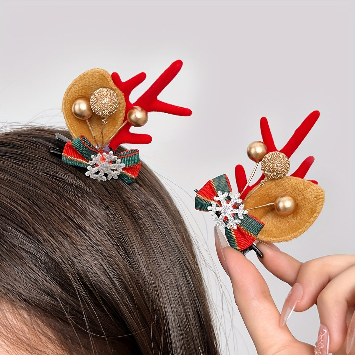2pcs Christmas Hair Clips with Antlers & Snowflake Bow