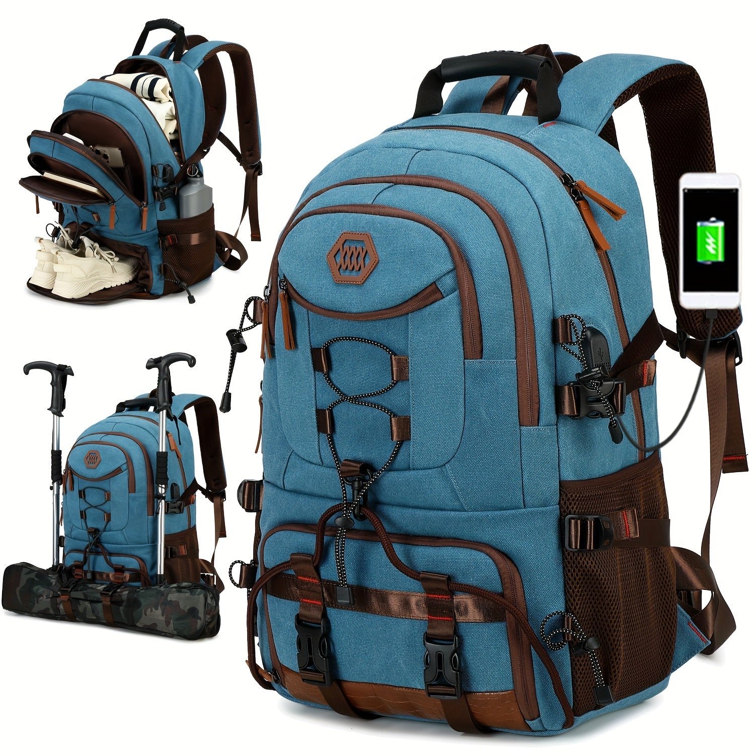 Large Capacity Hiking Backpack with Shoe Compartment and Laptop Sleeve