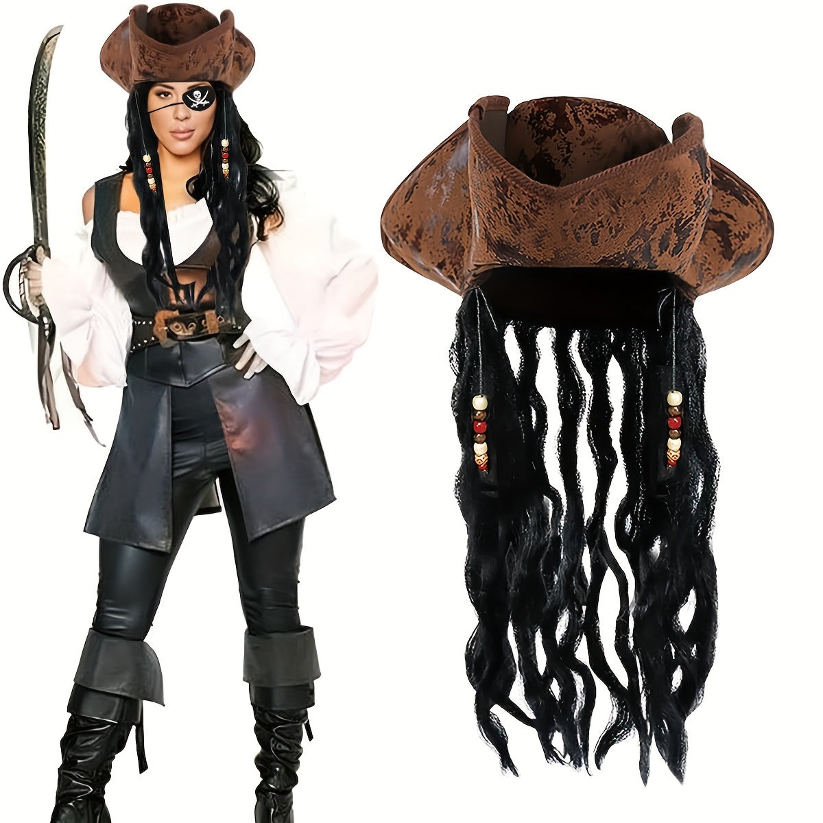 Pirate Captain Costume Set Hat & Eye Mask Polyester Halloween Cosplay