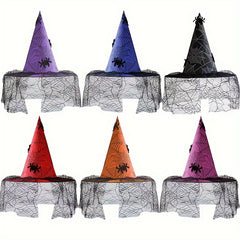 Funky Witch Hat w/ Spider Web Veil for Costume Party