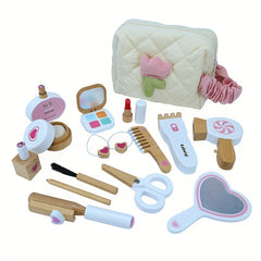 Wooden Pretend Play Makeup Set for Girls Kit with Realistic Cosmetics