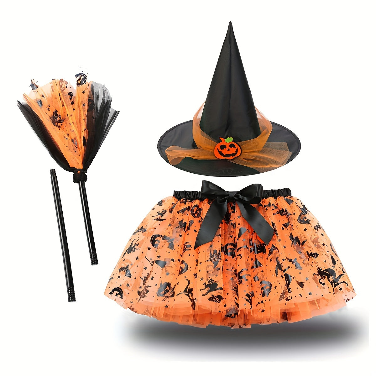 Witch Halloween Costume Set: Pumpkin Tutu Skirt, Hat & Broom