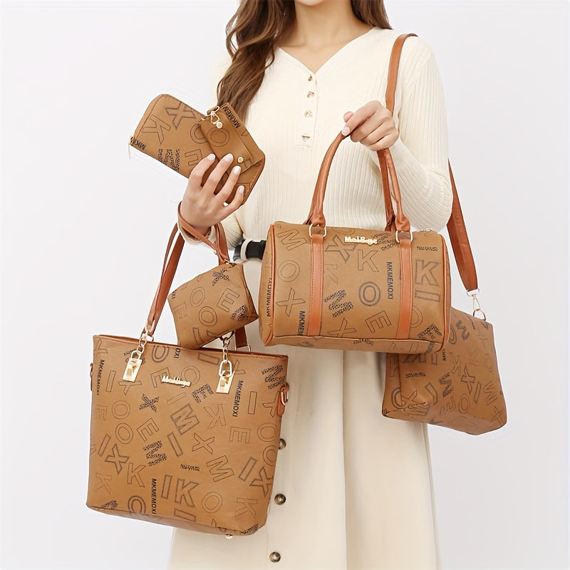 6pcs Retro Letter Print Bag Set Tote Crossbody Clutch