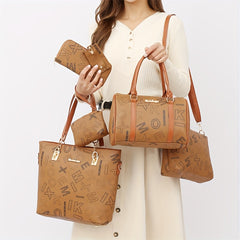 6pcs Retro Letter Print Bag Set Tote Crossbody Clutch