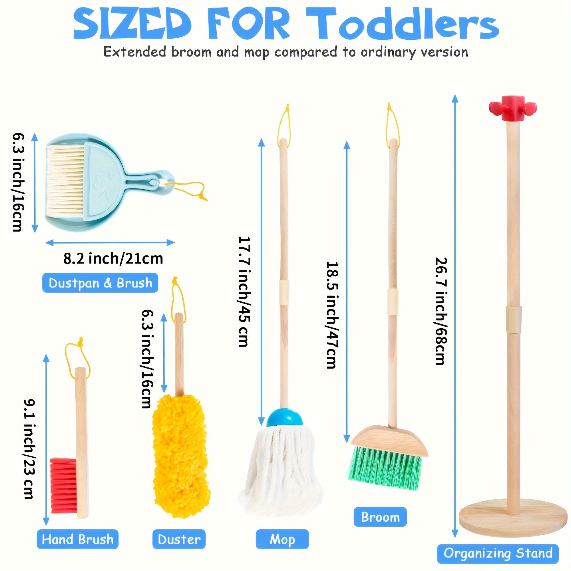 Wooden Pretend Cleaning Set for Kids Housework Toy Kit with Broom and Mop