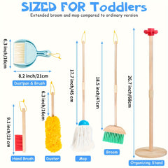Wooden Pretend Cleaning Set for Kids Housework Toy Kit with Broom and Mop