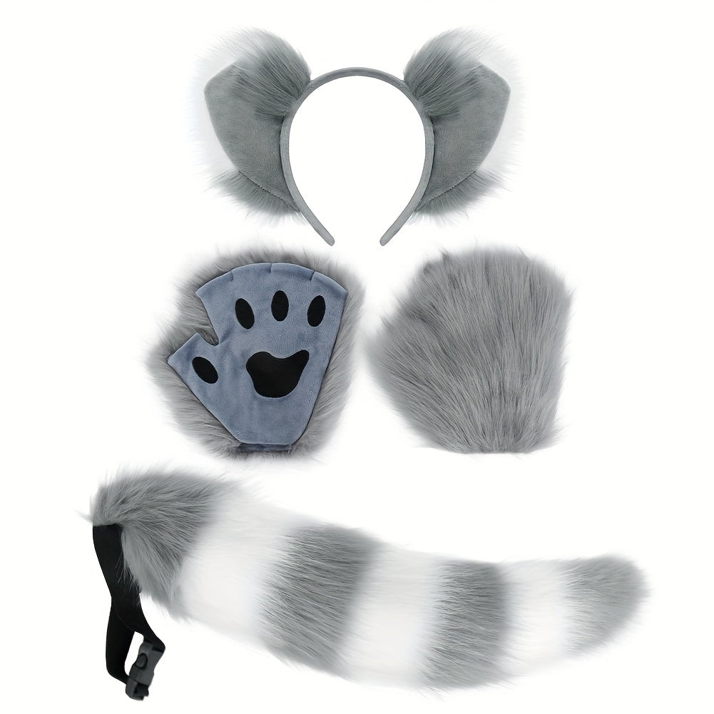 Anime Fox Ear Headband Fluffy Tail & Paw Gloves Set Faux Fur Costume
