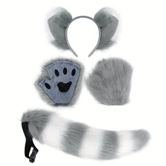 Anime Fox Ear Headband Fluffy Tail & Paw Gloves Set Faux Fur Costume