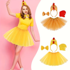 Adorable Chicken Costume Set, 3D Headband, Bow Tail, Short Skirt, Party Dress Up