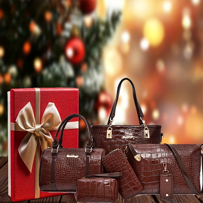 6 Pc Crocodile Pattern Bag Set Women's Shoulder Tote Handbag