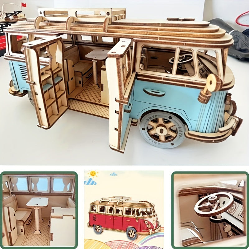 3D Wooden Puzzle Camping Car Model Educational Building Block Toy
