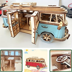 3D Wooden Puzzle Camping Car Model Educational Building Block Toy