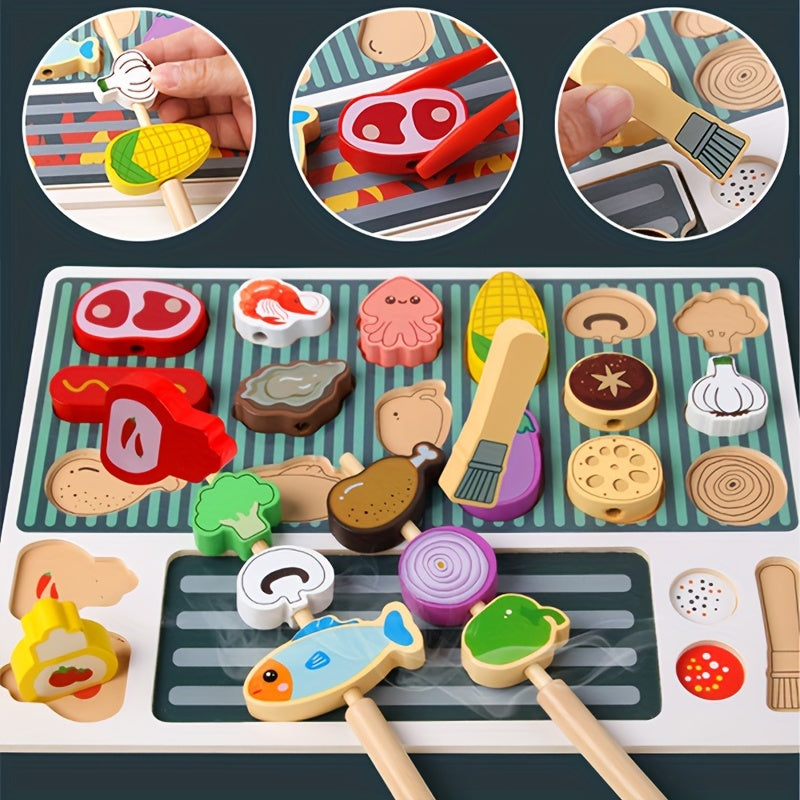 Wooden BBQ Grill Playset for Kids Pretend Play Barbecue Food Toys