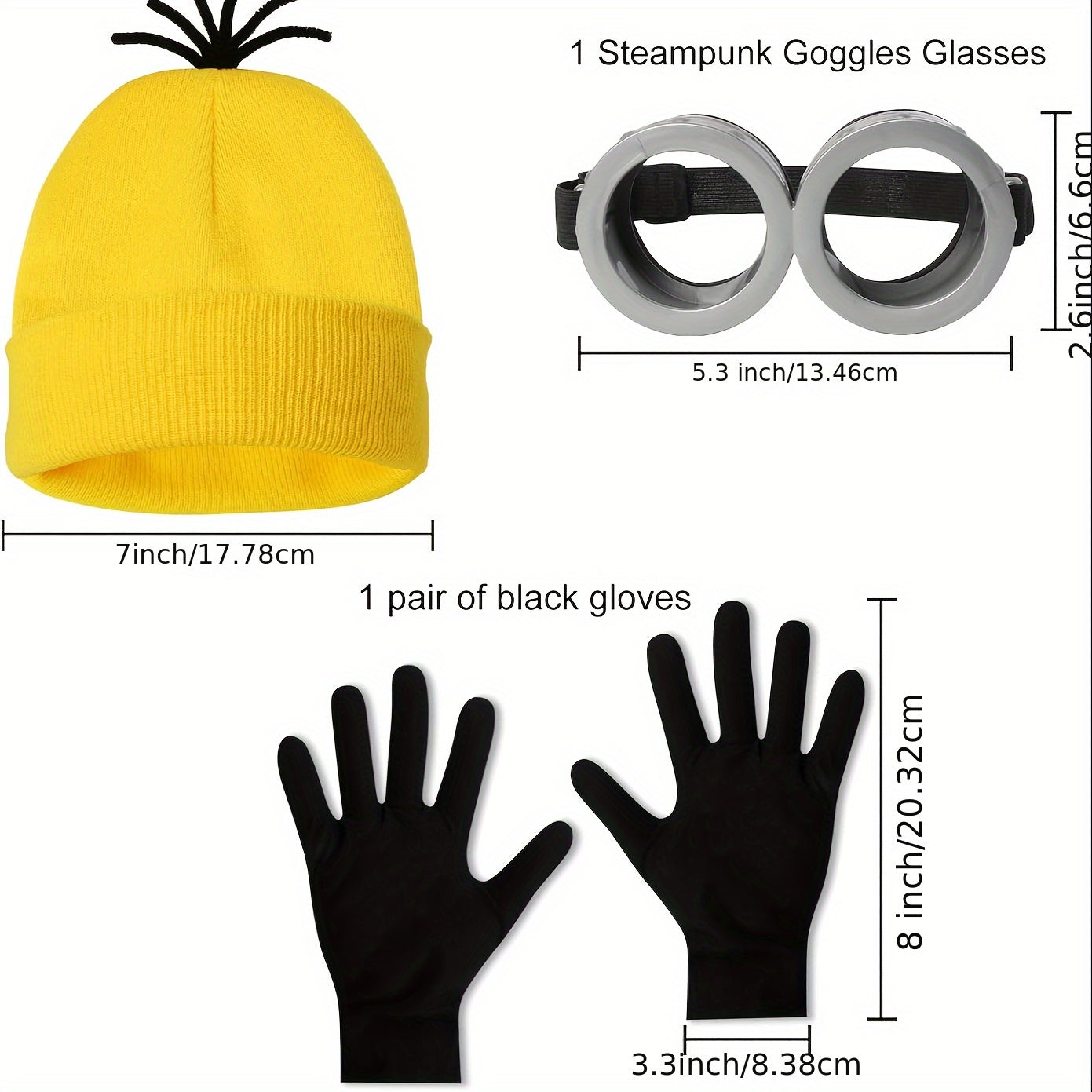 3pcs Halloween Costume Set for Adults - Goggles, Yellow Beanie & Gloves