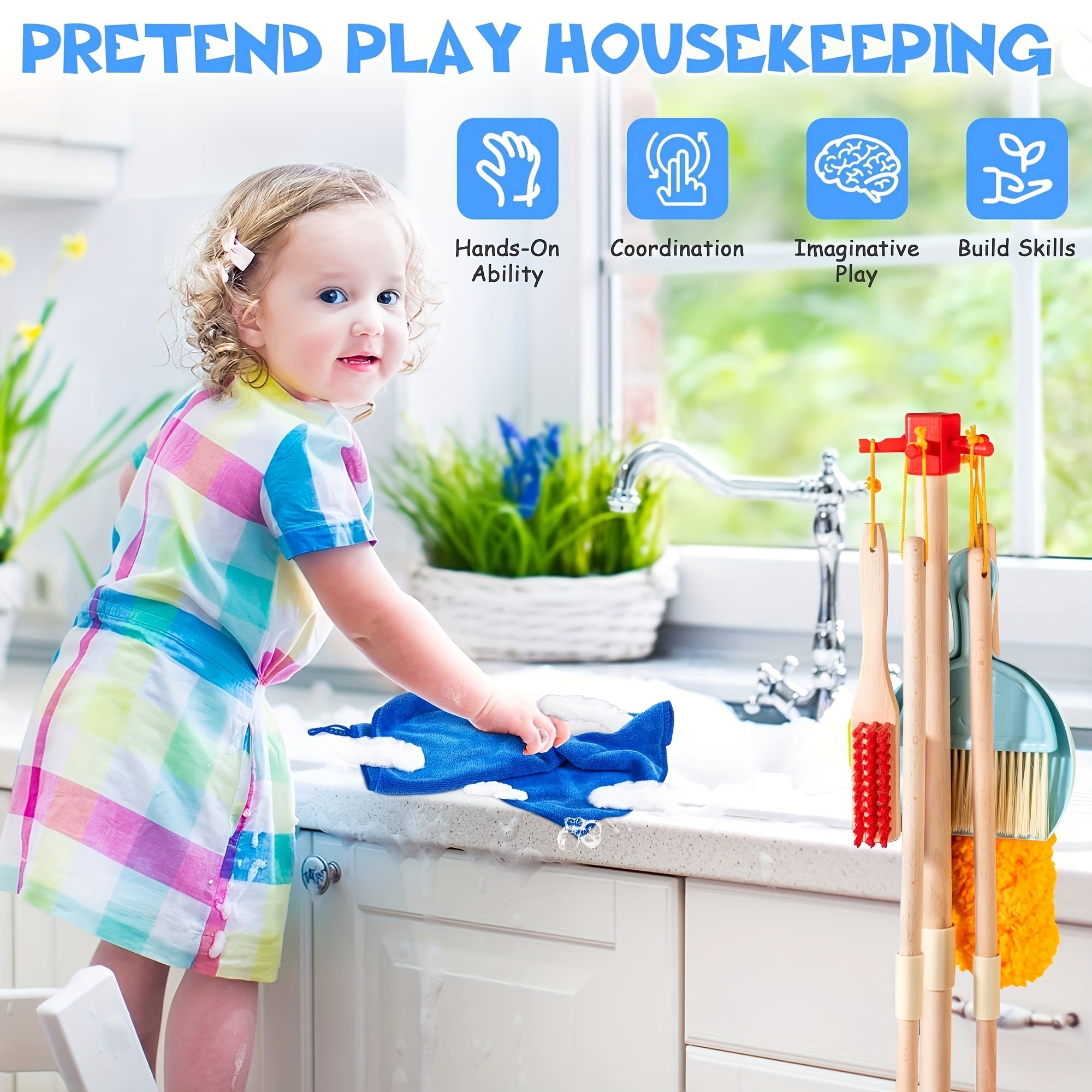 Wooden Pretend Cleaning Set for Kids Housework Toy Kit with Broom and Mop