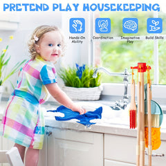 Wooden Pretend Cleaning Set for Kids Housework Toy Kit with Broom and Mop