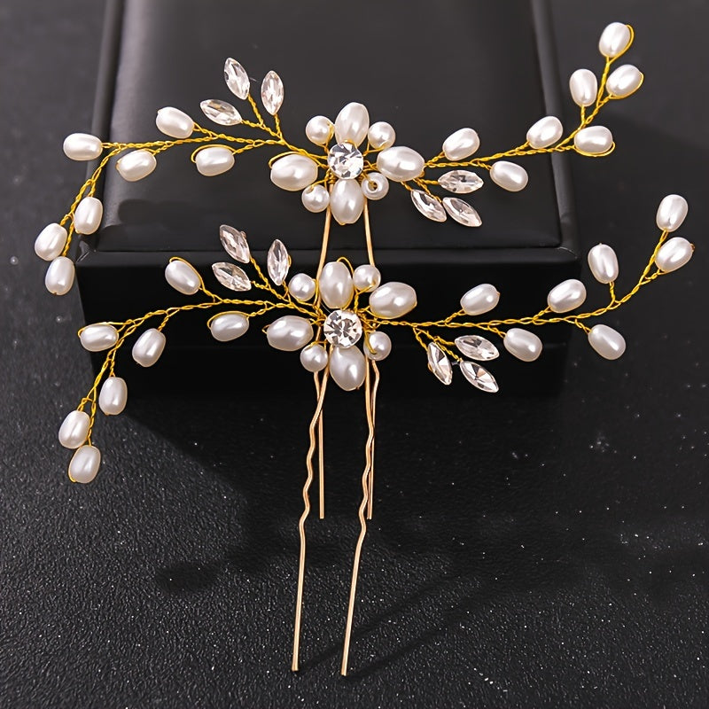2pcs Pearl & Rhinestone U Hairpins for Bridal Updos & Parties
