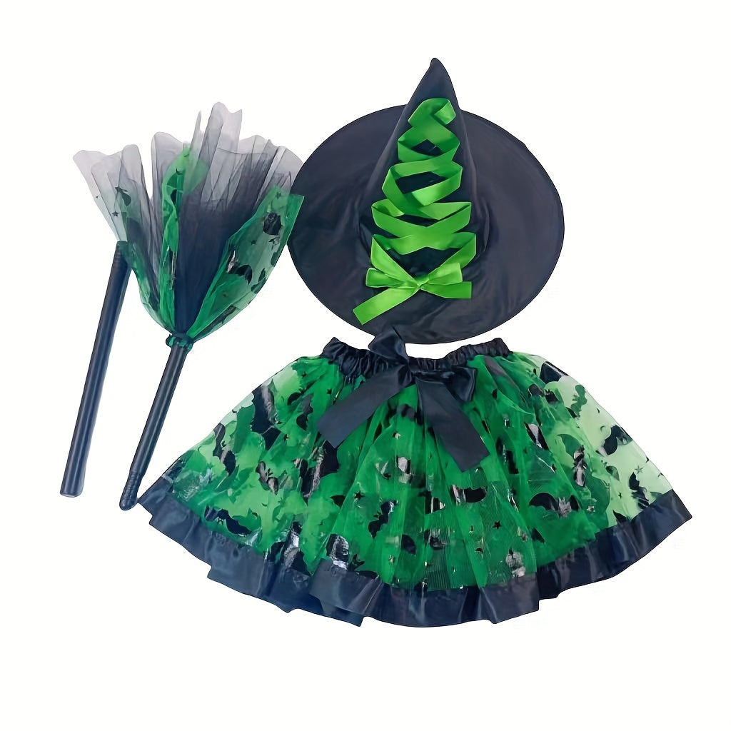 Witch Halloween Costume Set 3pcs Tutu Skirt Hat & Broom Spooky Prints