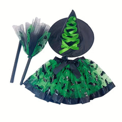 Witch Halloween Costume Set 3pcs Tutu Skirt Hat & Broom Spooky Prints