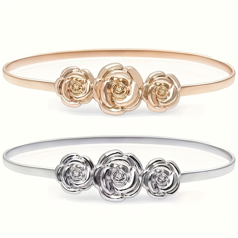 Alloy Rose Carved Waist Belt for Women Elastic Accessory
