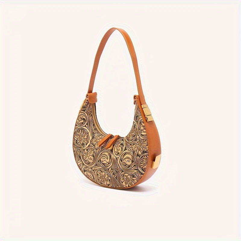 Vintage Crescent Flower Embossed Shoulder Bag Retro Hobo Underarm Purse