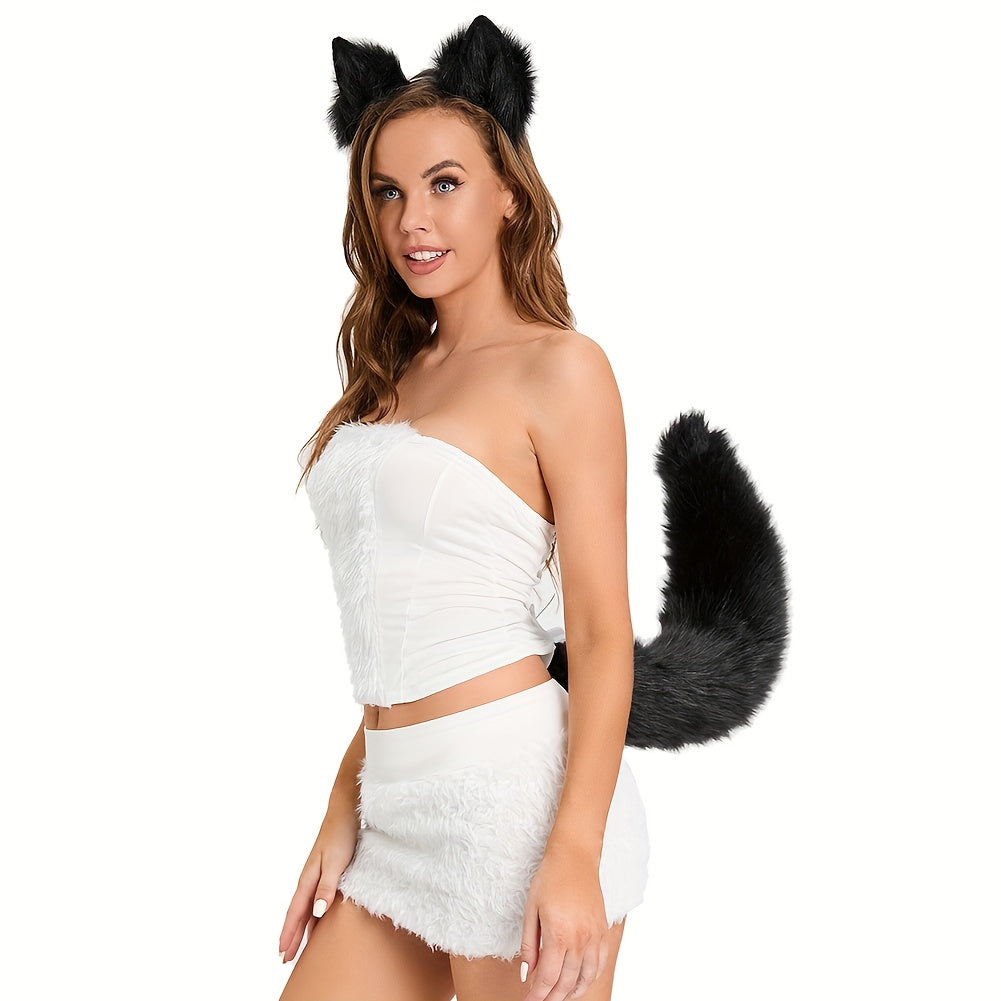 Fox Wolf Beast Ear Hair Hoop Cosplay Tail Set Halloween Furry Plush Gift