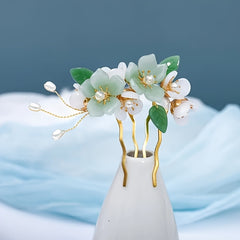 Green Glass Flowers Leaves Crystal Hair Comb Headwear