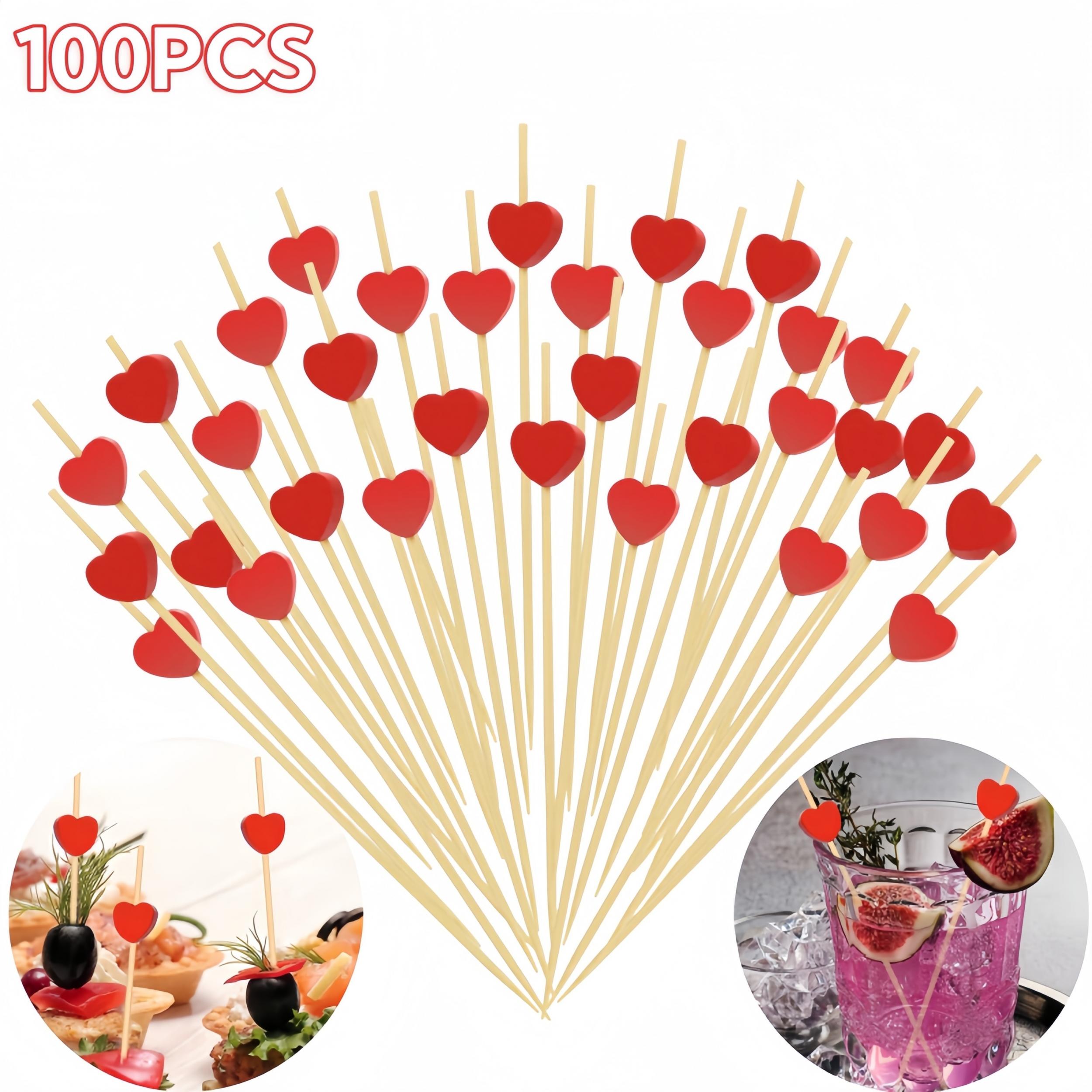 100pcs Red Heart Cocktail Picks Bamboo Skewers for Party Food Drinks