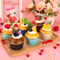 100pcs Red Heart Cocktail Picks Bamboo Skewers for Party Food Drinks