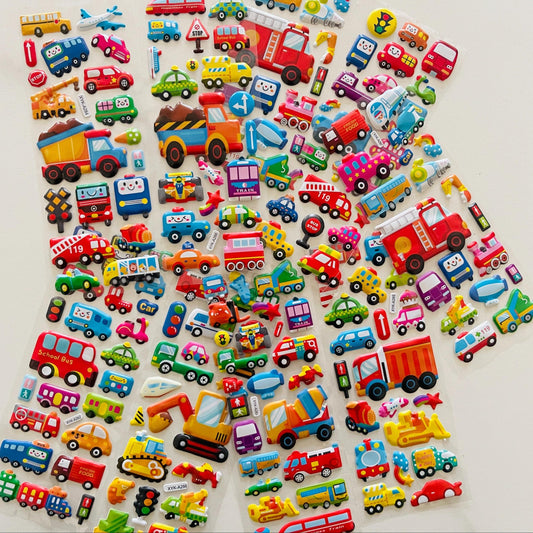 8pcs 3D Construction Vehicle Stickers - Cartoon Trucks & Fire Trucks