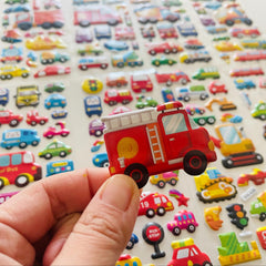 8pcs 3D Construction Vehicle Stickers - Cartoon Trucks & Fire Trucks