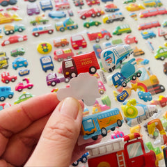 8pcs 3D Construction Vehicle Stickers - Cartoon Trucks & Fire Trucks
