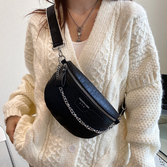 Crocodile Embossed Chest Bag Chain Decor Crossbody Bag