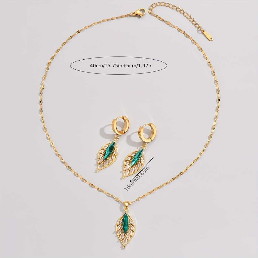 Gold Plated Green Inlaid Rhinestone Leaf Earrings and Necklace Set