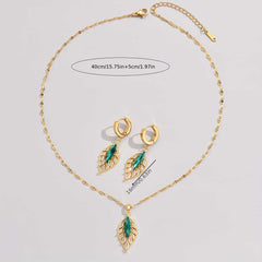 Gold Plated Green Inlaid Rhinestone Leaf Earrings and Necklace Set