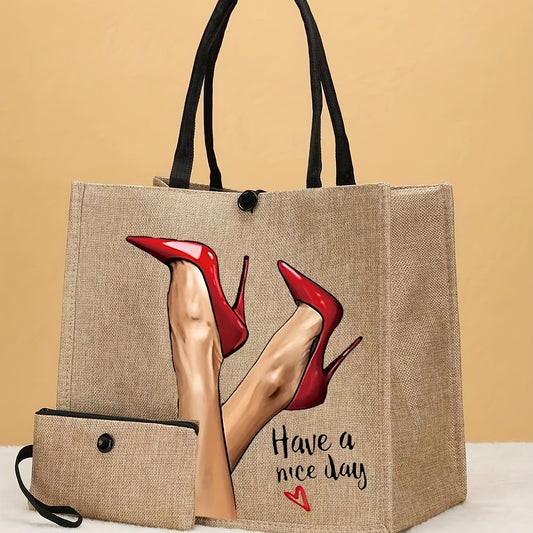 2pcs High Heels Pattern Canvas Tote Bag with Wristlet