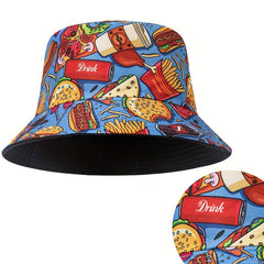 Unisex Sunshade Bucket Hat with Hamburger and Cola Print Double-sided Sun Hat