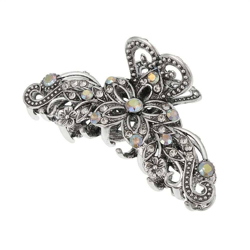 Vintage Silvery Claw Clip With Rhinestones Nonslip Jaw Design For Women