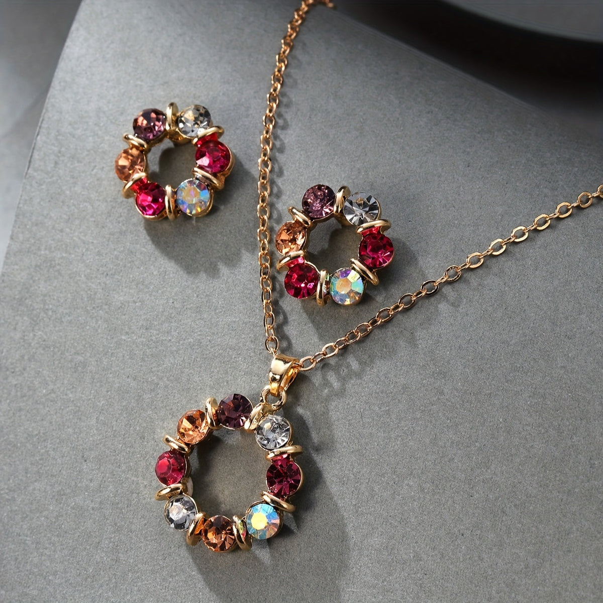 Women's Gold Plated Jewelry Set with Colorful Rhinestones & Hollow Circle Design