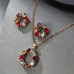 Women's Gold Plated Jewelry Set with Colorful Rhinestones & Hollow Circle Design