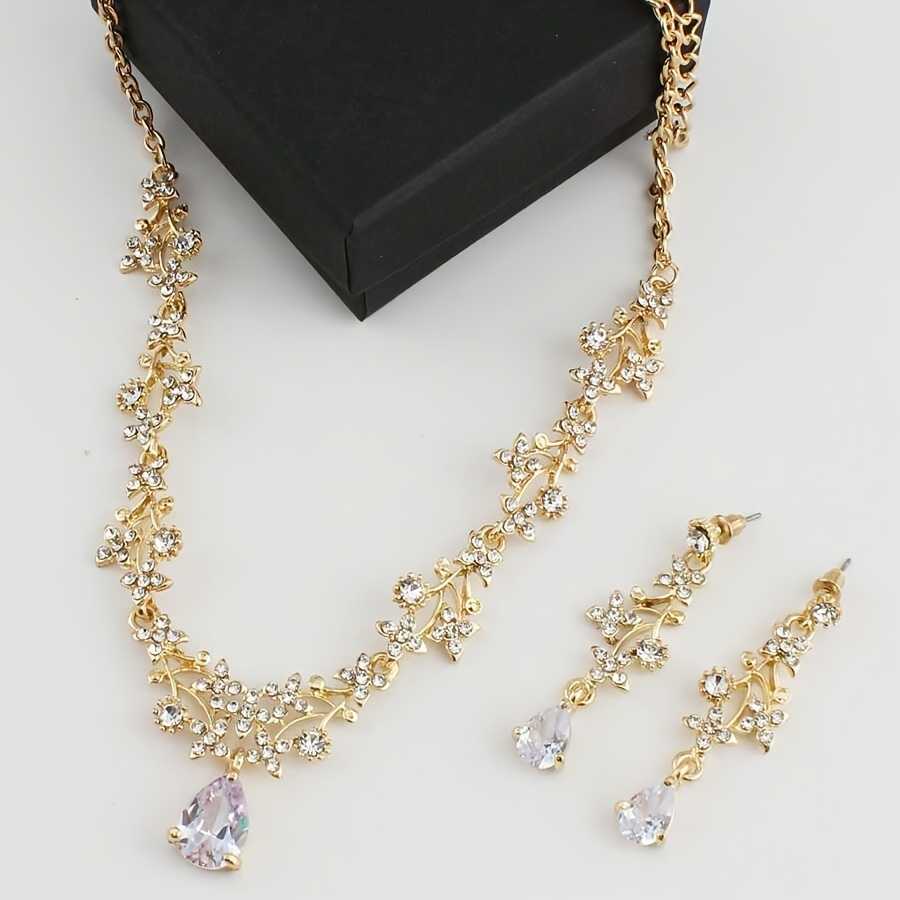 Gold Plated Floral Necklace and Earrings Set with Cubic Zirconia Accents