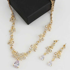 Gold Plated Floral Necklace and Earrings Set with Cubic Zirconia Accents