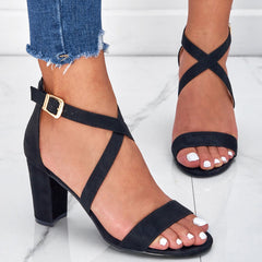 Cross Strap Block Heel Sandals Open Toe Buckle High Heels