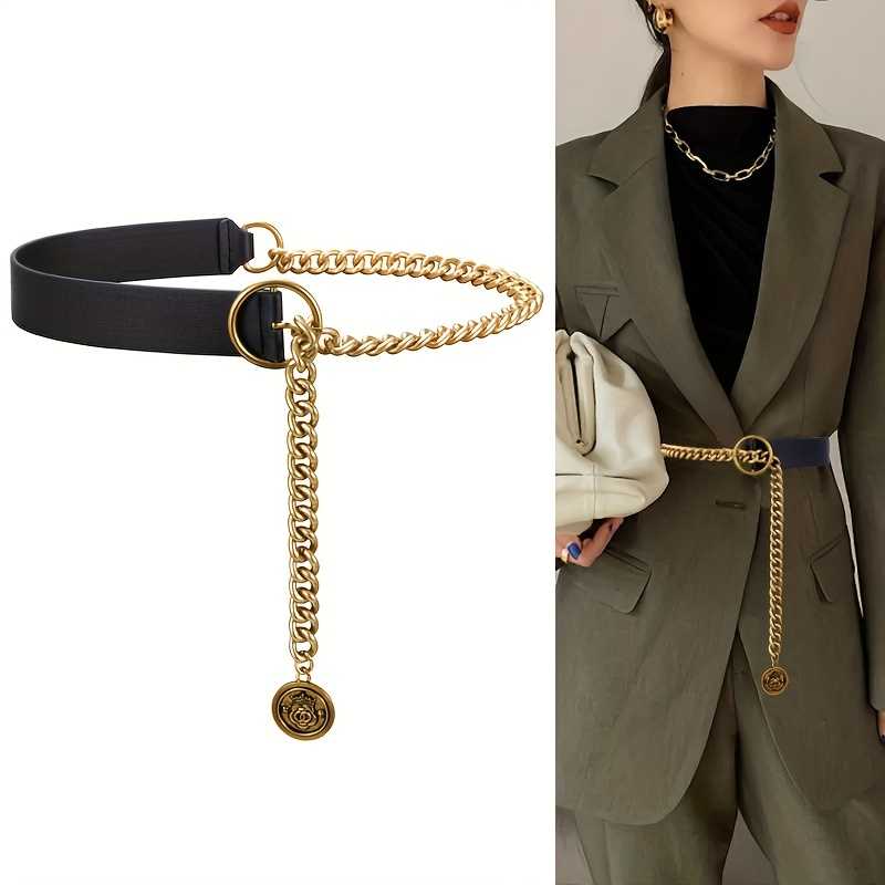 Vintage Inspired Chain Stitching Belt With Adjustable Metal Chain Pendant