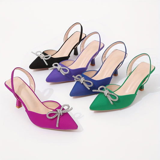 Rhinestone Bow Stiletto Sandals Satin Slingback High Heels