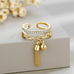 Women's Adjustable Open Crystal Ring With Tassel Drop