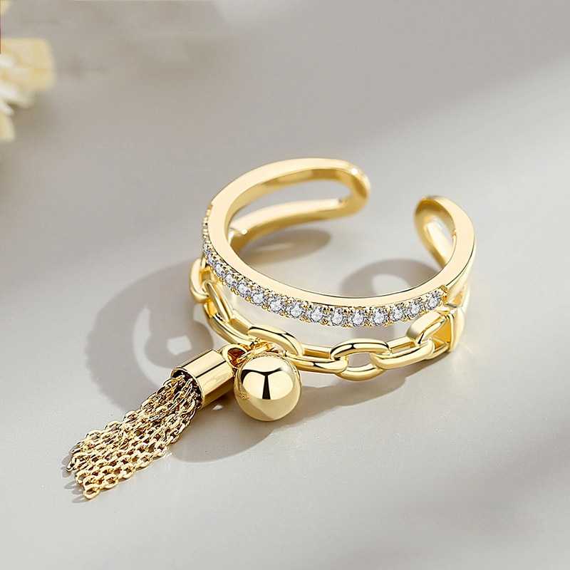 Women's Adjustable Open Crystal Ring With Tassel Drop